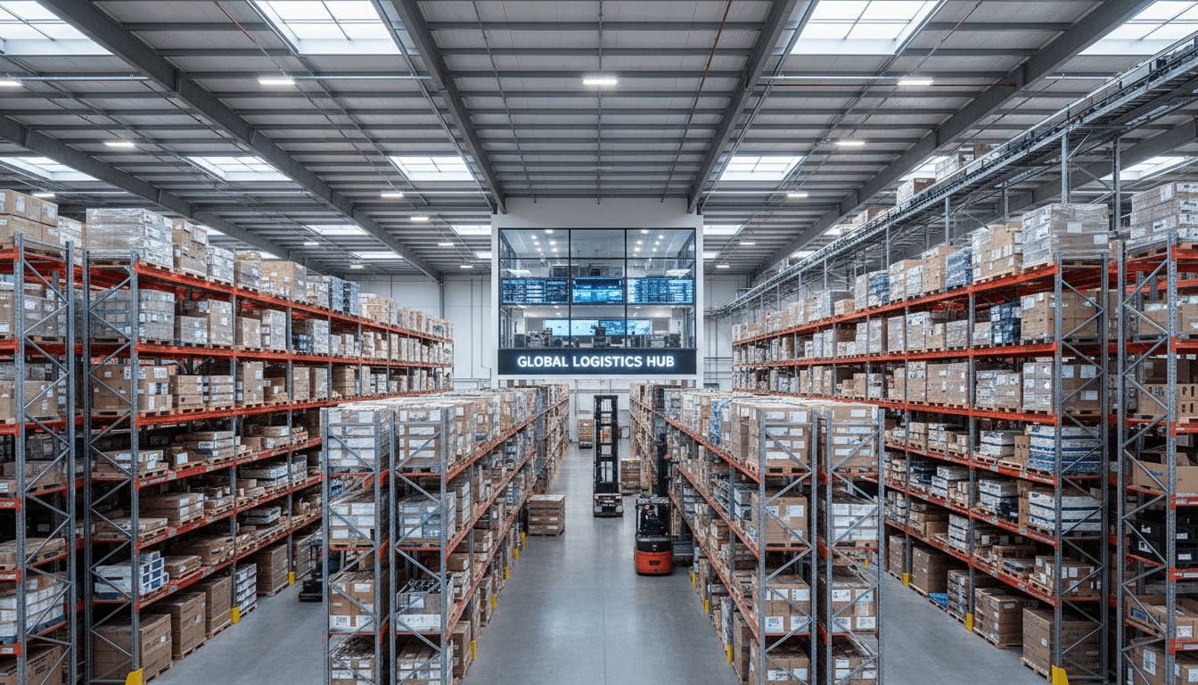 Bright modern warehouse with organized shelving, inventory, and professional logistics setup
