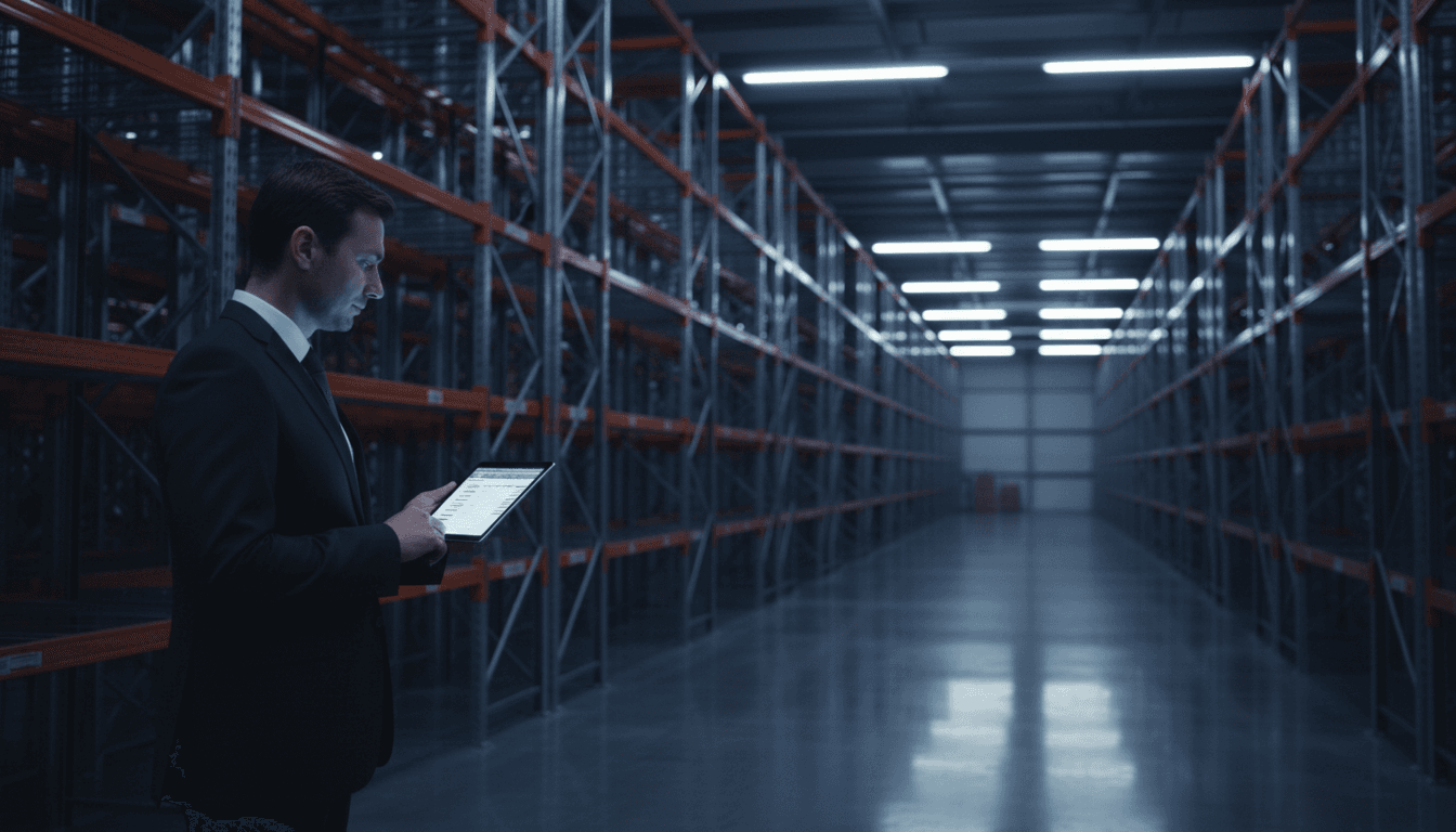 Warehouse manager reviewing inventory on tablet in modern logistics facility