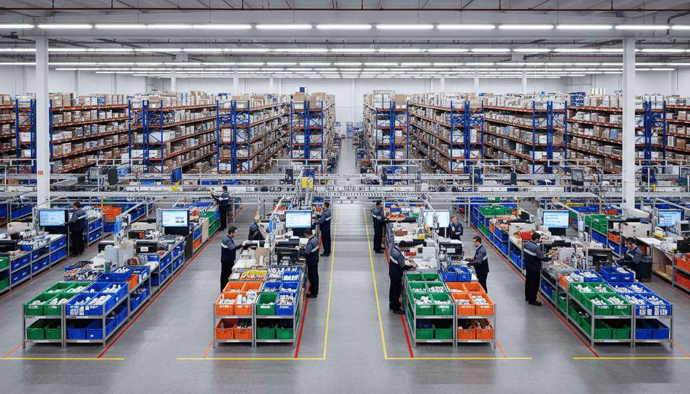 Warehouse worker reviewing logistics data on tablet in organized fulfillment center