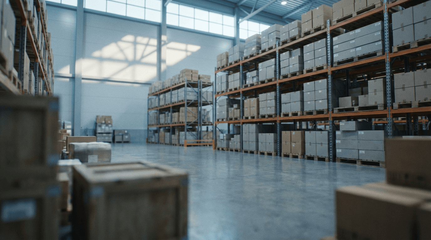 Organized warehouse facility with shelving units and inventory