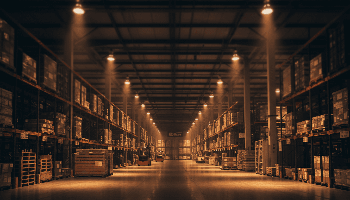 Modern warehouse facility with organized shelving and lighting showcasing efficient logistics operations