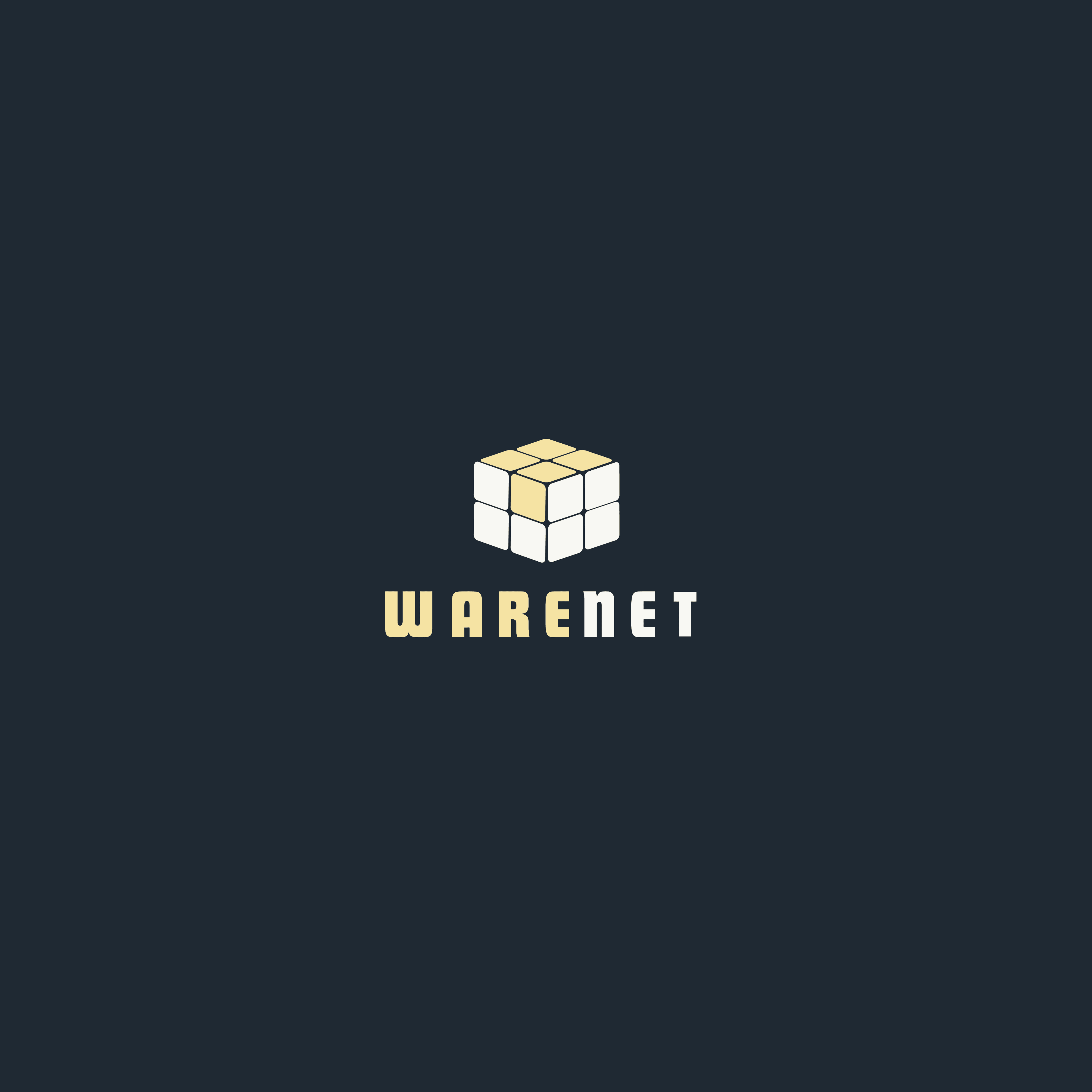 Warenet logo with a 3D cube icon of white and yellow blocks on navy background.